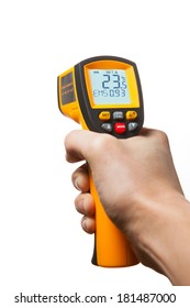 Infrared Laser Thermometer In Hand Isolated On White