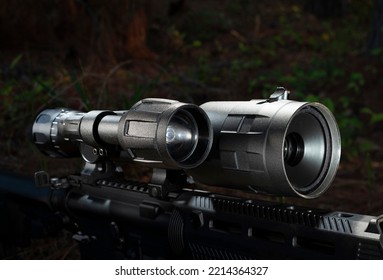 Infrared Night Vision Scope On An Assault Rifle Outdoors