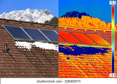 Infrared and real image of Photovoltaic Solar Panels on the roof House