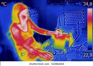 Infrared Thermography Image Showing The Heat Emission When Woman Used Notebook