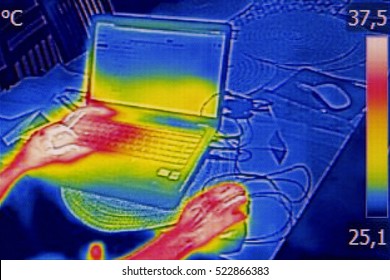 Infrared thermography image showing the heat emission when woman used notebook