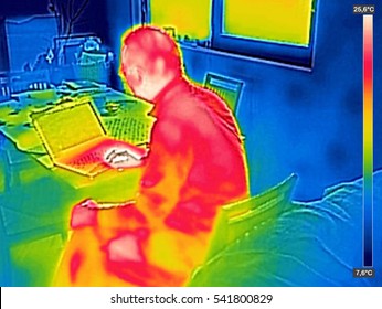 Infrared thermography image showing the heat emission when man used notebook