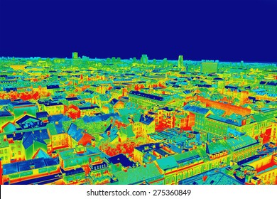 Infrared thermovision image panorama of Zagreb, showing difference temperature 