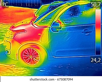 Infrared thermovision image showing, Car Engine After driving