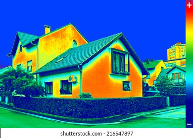 Infrared thermovision image showing lack of thermal insulation on House - Shutterstock ID 216547897