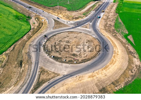 Infrastructure construction. New ring road junction at the final stage of construction. Drone view