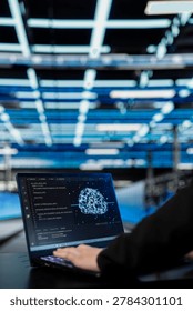 Infrastructure troubleshooting, artificial intelligence technology and admin in data center. Machine learning program, laptop, IT specialist solving system bugs in server farm