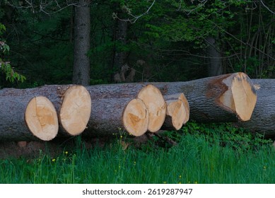 Infuse your space with rustic allure—freshly cut logs resting peacefully at the forest's edge, radiating raw texture and earthy sophistication.