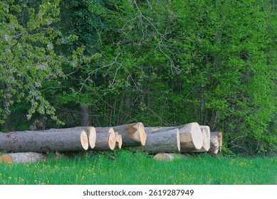Infuse your space with rustic allure—freshly cut logs resting peacefully at the forest's edge, radiating raw texture and earthy sophistication.