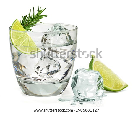 Infused rosemary vodka or gin tonic with sliced lime in glass isolated on white background.