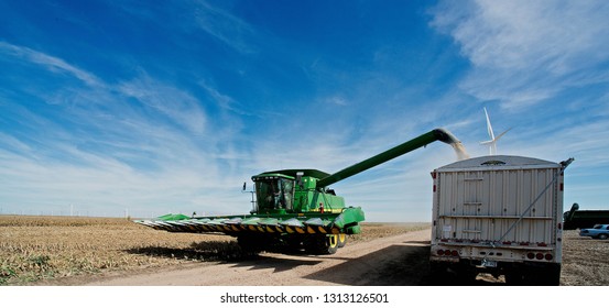 Ingalls, Kansas, USA, October 23, 2014
A John Deere Combine Sends Its Load Of Harvested Milo Grain From It's Storage Hopper Thru It's Discharge Tube Into The Bed Of A Waiting Tractor Trailer Hauler