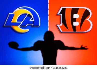 INGELWOOD, CALIFORNIA, UNITED STATES, 2. FEBRUARY: Super Bowl LVI, the 56-th Super Bowl 2022. Los Angeles Rams vs. Cincinnati Bengals. NFL Final, American football, silhouette of NFL Player open Arms