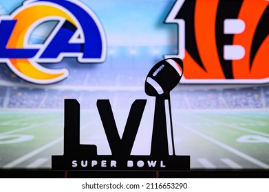 INGELWOOD, CALIFORNIA, UNITED STATES, 2. FEBRUARY: Super Bowl LVI, the 56-th Super Bowl 2022. Los Angeles Rams vs. Cincinnati Bengals. NFL Final, American football, silhouette of Vince Lombardi Trophy