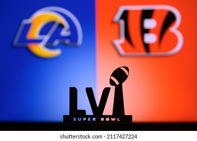 INGELWOOD, CALIFORNIA, UNITED STATES, 2. FEBRUARY: Super Bowl LVI, the 56-th Super Bowl 2022. Los Angeles Rams vs. Cincinnati Bengals. NFL Final, American football, silhouette of Vince Lombardi Trophy