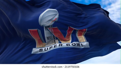 Inglewood, CA, USA, January 2022: The flag with the LVI Super Bowl logo waving in the wind. The game is scheduled to take place on February 13, 2022