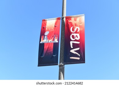 INGLEWOOD, CALIFORNIA - 12 FEB 2022: Banners Advertising The Super Bowl At SoFi Stadium.