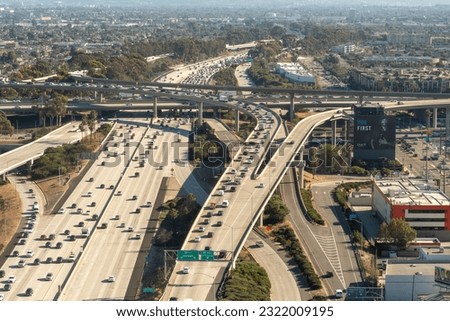 Inglewood, California - Aerial view of the The 405 and 105 Century Freeway interchange next LAX airport in Los Angeles, Southern California