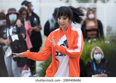 Inglewood, Los Angeles, California, USA - November 28, 2021:  Hip-hop Dancers Perform A Dance Cover Of The World Famous Kpop Group BTS In Front Of SoFi Stadium.