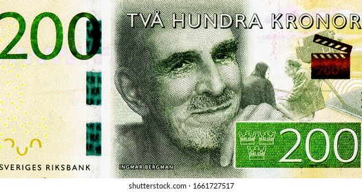 Ingmar Bergman, Portrait From Swedish 200 Kronor 2015 Banknotes. 