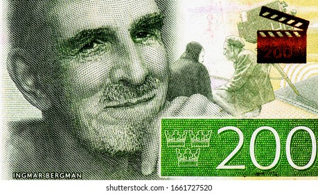 Ingmar Bergman Portrait From Swedish 200 Kronor 2015 Banknotes. 