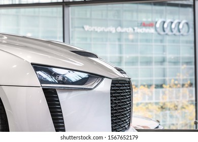 Ingolstadt, Bavaria/germany - 20 11 19: A Modern Audi Car In Front Of The Audi Car Factory In Ingolstadt Germany