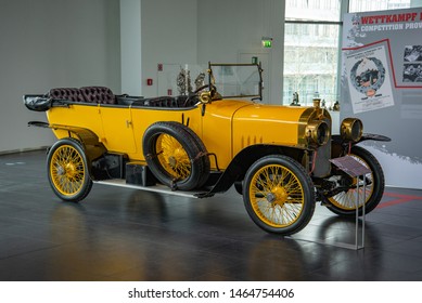 Ingolstadt, Germany - April 9, 2019: Audi 14/35 PS TYP C 'ALPENSIEGER' 1919 Open Touring Body (Phaeton) With Carbide-bulb Lighting System. Third Audi Model Type C Of 1911. Audi Museum Mobile.