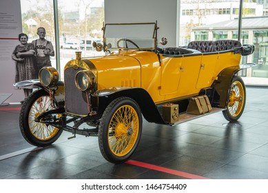 Ingolstadt, Germany - April 9, 2019: Audi 14/35 PS TYP C 'ALPENSIEGER' 1919 Open Touring Body (Phaeton) With Carbide-bulb Lighting System. Third Audi Model Type C Of 1911. Audi Museum Mobile.