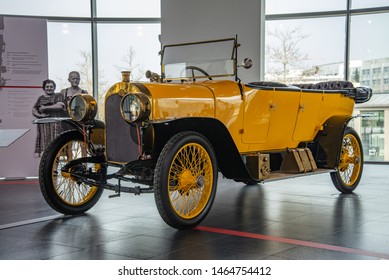 Ingolstadt, Germany - April 9, 2019: Audi 14/35 PS TYP C 'ALPENSIEGER' 1919 Open Touring Body (Phaeton) With Carbide-bulb Lighting System. Third Audi Model Type C Of 1911. Audi Museum Mobile.