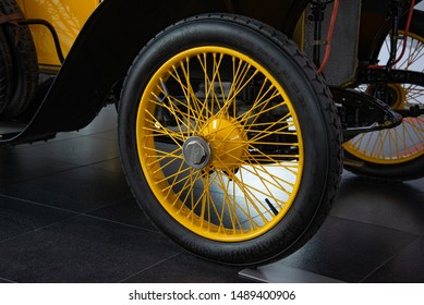 Ingolstadt, Germany - April 9, 2019: Audi 14/35 PS TYP C 'ALPENSIEGER' 1919 Open Touring Body (Phaeton) With Carbide-bulb Lighting System. Third Audi Model Type C Of 1911. Wheel Spokes.