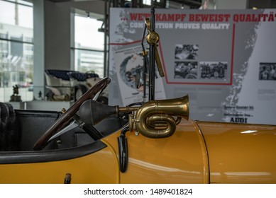 Ingolstadt, Germany - April 9, 2019: Audi 14/35 PS TYP C 'ALPENSIEGER' 1919 Open Touring Body (Phaeton) With Carbide-bulb Lighting System. Third Audi Model Type C Of 1911. Klaxon Horn.