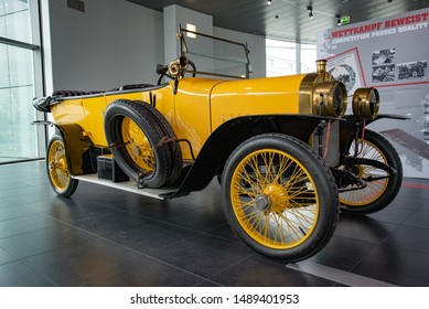 Ingolstadt, Germany - April 9, 2019: Audi 14/35 PS TYP C 'ALPENSIEGER' 1919 Open Touring Body (Phaeton) With Carbide-bulb Lighting System. Third Audi Model Type C Of 1911. Audi Museum Mobile.