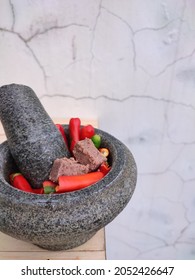 Ingredient Sambal Belacan In A Stone Mortar