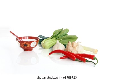 Ingredients For Asian Cooking, Isolated Against White Background