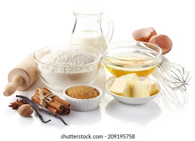 Ingredients For Baking Cake Isolated On White Background