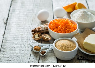 Ingredients For Baking Carrot Cake, Wood Background