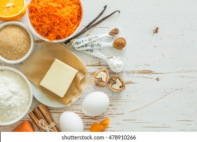 Ingredients For Baking Carrot Cake, Wood Background