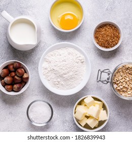 Ingredients for baking - flour, milk, salt, sugar, eggs. Top view, copy space. - Powered by Shutterstock