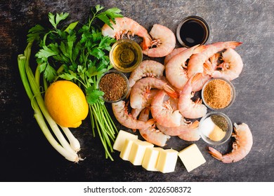 Ingredients For Cajun Shrimp In Butter Sauce: Raw Shrimp, Butter, Spices, And Other Cajun Shrimp Ingredients