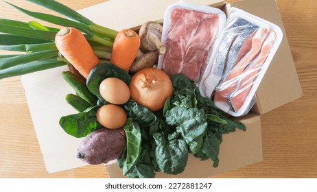Ingredients in cardboard.Home delivery service for vegetables, meat, fish and eggs. - Shutterstock ID 2272881247