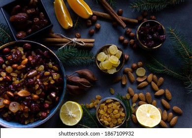 Ingredients For Christmas Fruit Cake  (nuts And Dried Fruits). Ceramic Bowl With Nuts And Soft Fruit Soaked In Brandy. TFlat Lay.