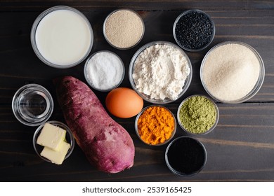 Ingredients for Colorful Swirled Bread with a Halloween Theme: Bread flour with yeast and natural food colorants like matcha, turmeric, charcoal, and purple sweet potato - Powered by Shutterstock