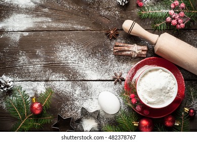 Ingredients For Cooking Christmas Baking - Flour, Egg, Spices And Cookie Cutters.