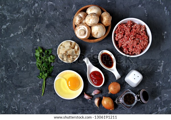 Ingredients Cooking Meatloaf Minced Meat Mushrooms Stock Photo Edit Now 1306191211