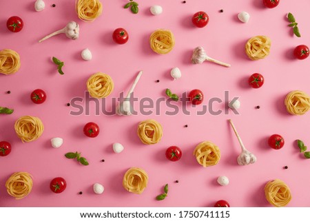 Similar – Image, Stock Photo Tomato with mozzarella, basil and dressing with balsamic vinegar on white round plate with ingredients