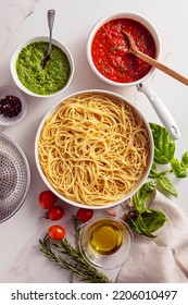 Ingredients For Cooking Spagetti,  White Plate Place White Marbel Background Top View