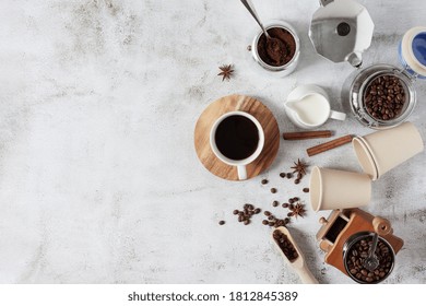 Ingredients And Equipment For Making Coffee Top View On Grey Background. Copy Space.