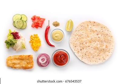 Ingredients For Fish Tacos On White Background