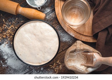 Ingredients for making bread. Active starter culture, flour, water on a brown wooden background.