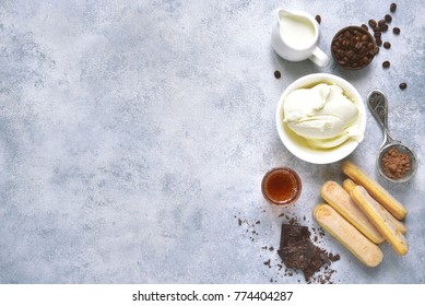 Ingredients For Making Dessert Tiramisu On A Light Slate,stone Or Concrete Background.Top View With Copy Space.