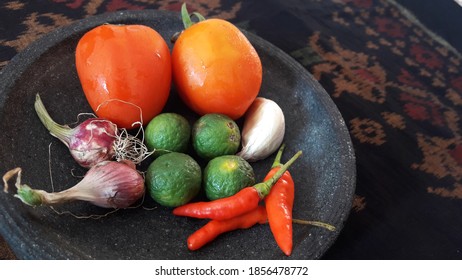 Ingredients For Making Hot Sauce On A Traditional Mortar